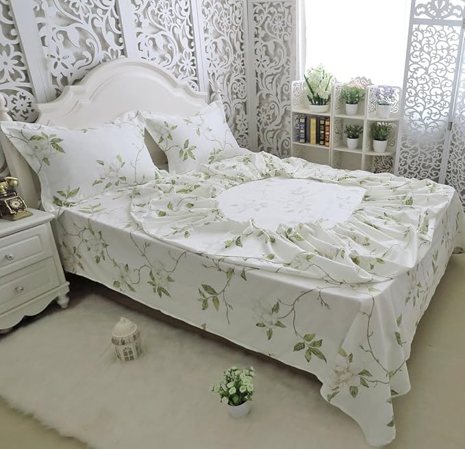 FADFAY White Floral Print Bed Sheet Sets 4-Piece Full