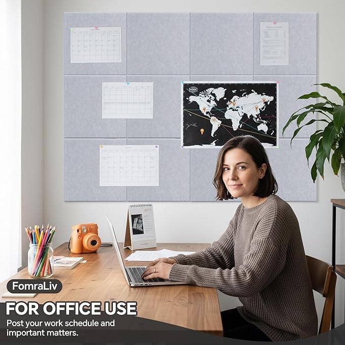 Felt Wall Panels 48x36 Inches 12-Pack Felt Wall Tiles, Wall Mounted Message Board Decorative Memo Board for Home Office Kids Room (Moonlight Gray)