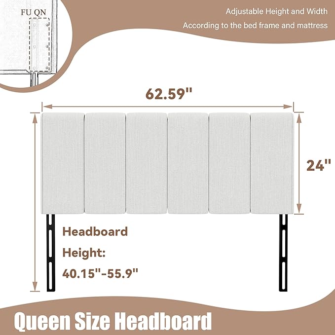 Yongchuang Upholstered Headboard Queen Size Head Board for Queen/Full Bed Adjustable Height Panel Headboards Grayish White Linen