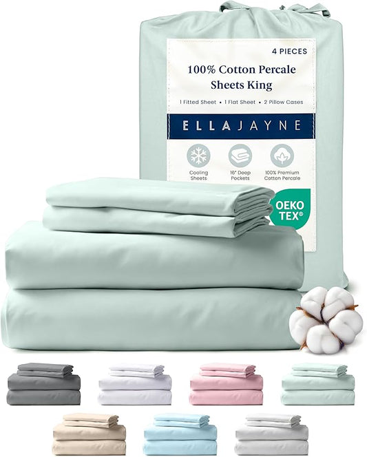 Ella Jayne Percale Sheets King Size (4 Pieces) Permium 100% Cotton Percale TC300, Hotel Luxury Collection, Deep Pockets and Cooling Cotton Percale Sheets King (Mint)