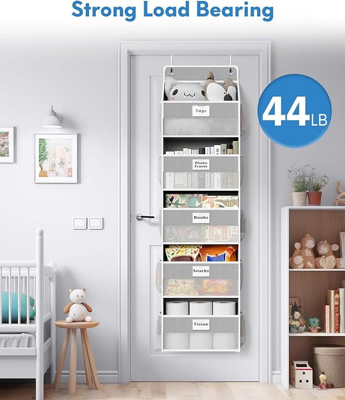 Over The Door Organizer Hanging, 2 Pack 5 Shelf Behind The Doors Storage, Pantry Door Organizer, Closet Organizers for Bedroom and Nursery (Grey)