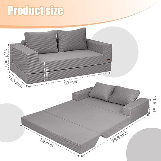 COMAX Convertible Sofa Bed Queen, Corduroy Folding Floor Couch Pull Out Couch Bed Futon Sleeper with Pillows, Fold Out Boneless Sofa Comfy Lounge Mattress Loveseat for Living Room Bedroom, Light Grey