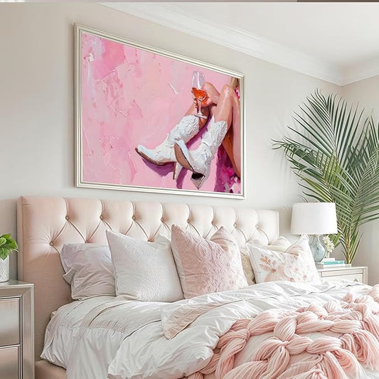 Cowgirl Boots Wall Art Coastal Cowgirl Room Decor Aesthetic Cowboy Boots with Wine Glass Poster Modern Pink Wall Decor Art Print Poster Pink Cowgirl Wall Art for Western Aesthetic UNFRAMED 16 X 24 in