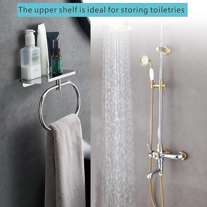Towel Ring with Shelf Steel Self, Stainless Steel Bath Towel Rings, Self Adhesive Hand Towel Ring for Bathroom, Wall Mounted Towel Hanger for Bathroom Kitchen (Chrome)