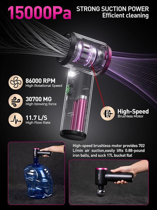 Mini Car Vacuum Portable Cordless with LED Light, 15000PA Powerful Suction, 80W High Power, One-Click Empty, Dual Hepa Filter, Car Vacuum Cleaner & Air Duster for Home, Desk, PC, Keyboard