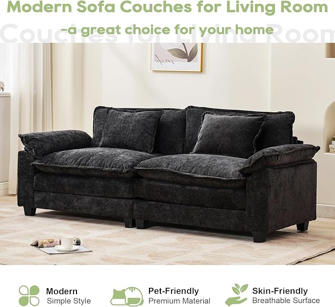 86" Modular Sectional Sofa, Comfy Cloud Couch Sectional Sofa with Ottoman, Chenille Sofa Sleeper Deep Seat Sofa with Throw Pillows for Living Room (Black, 86"- Loveseat)