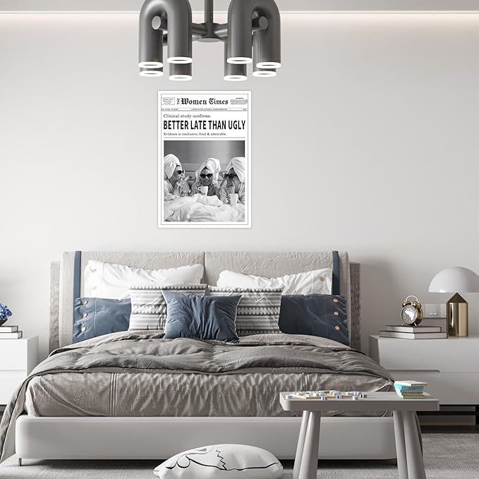 Vintage Women Times Black and White Newspaper Wall Art Better Late Than Ugly Poster Canvas Prints Funky Feminist Posters Trendy College Wall Decor for Bar Cart Girl Dorm Room 12x16inch Unframed