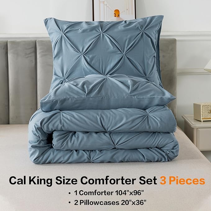 Andency Grayish Blue California King Pinch Pleat Comforter Sets(104x96Inch), 3 Pieces Cal King Pintuck Comforter, Oversized Boho Shabby Chic Bed Comforter, Lightweight Soft Microfiber Bedding Sets