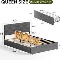 WLIVE Queen Size Upholstered Bed Frame with 4 Storage Drawers and Headboard, Velvet Platform Bedframe, Sturdy Metal & Wooden Slats Support, No Box Spring Needed, Easy Assembly, Dark Grey