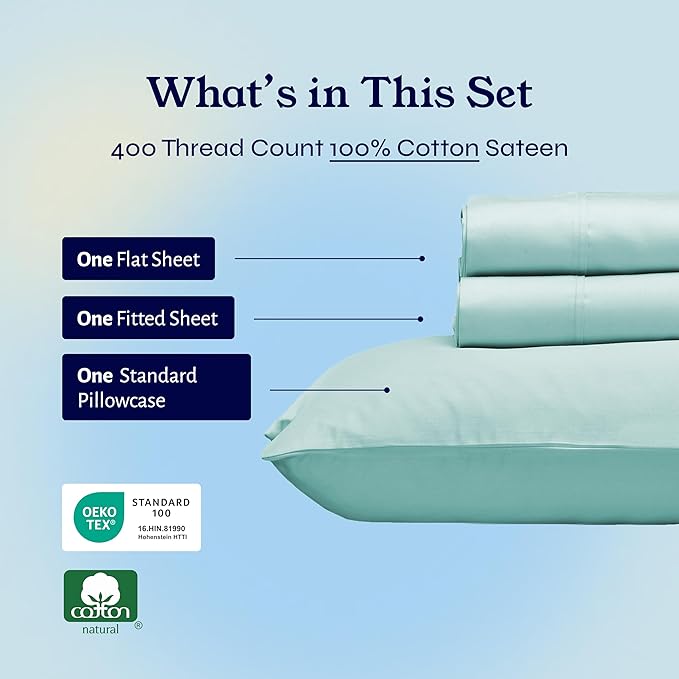 California Design Den Soft Twin Sheets Set - 400 Thread Count Sateen, 100% Cotton Sheets, Deep Pockets, and Durable Bedding Set for Dorm Rooms & Adults - Seafoam