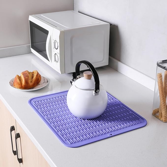 Silicone Dish Drying Mat for Multiple Usage,Easy clean,Eco-friendly,Heat-resistant Silicone Mat for Kitchen Counter or Sink,Refrigerator or Drawer Liner Light Purple XL 18 inches x 16 inches