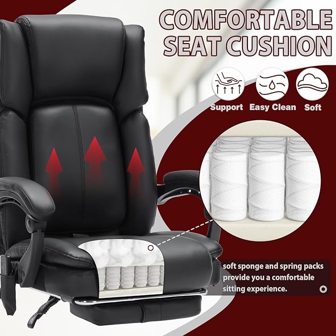 Massage Office Chair with Heat,Executive Desk Chairs with Foot Rest, Reclining Chair Big and Tall for Heavy People,4 Points Vibration 500lbs,Adjustable Lumar Support Black