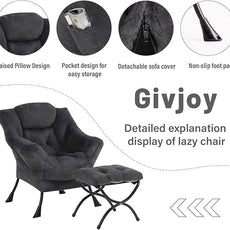 Plush Lazy Chair and Ottoman, Large Contemporary Accent Lounge Chair with Armrests and a Side Pocket, Modern Leisure Upholstered Sofa Reading Armchair with Footrest for Bedroom, Living Room