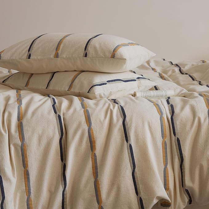 VM VOUGEMARKET King Duvet Cover Set Jacquard Black Orange Stripes Duvet Cover with 2 Pillowcases Yarn-Dyed Linen Cotton Minimalist Bedding Set,104"x90"