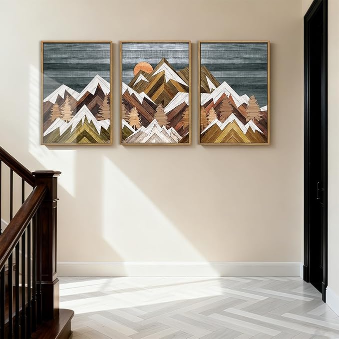 BINCUE Rustic Mountain Canvas Wall Picture Framed Wall Art for Office Living Room Bedroom 16x24 Inches Set of 3