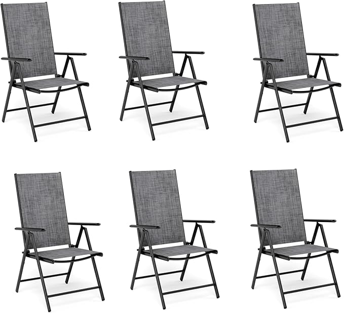 MFSTUDIO Patio Folding Chairs Set of 6, Outdoor Patio Dining Chairs, Portable Grey Sling Patio Chairs, 7 Levels Adjustable Sling Back Chairs for Backyard Lawn Garden