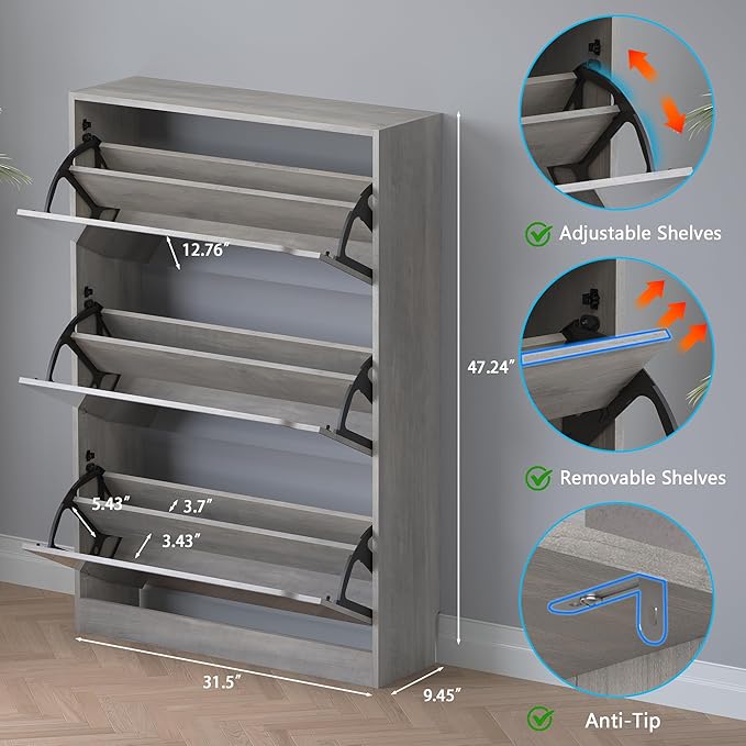Shoe Cabinet with 3-Flip Mirror Drawers, Freestanding Shoe Rack Organizer with Hidden Handle, Slim Narrow Shoe Storage Cabinet for Entryway, Entrance, Hallway, Bedroom