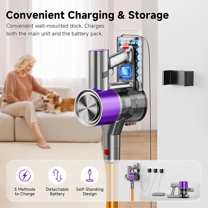 Cordless Stick Vacuum Cleaner, 38Kpa Powerful Suction Vacuum Cleaner with LED Headlight, Detachable Battery, 8-in-1 Lightweight Handheld Vacuums for Pet Hair Carpet and Hardwood Floor, Purple