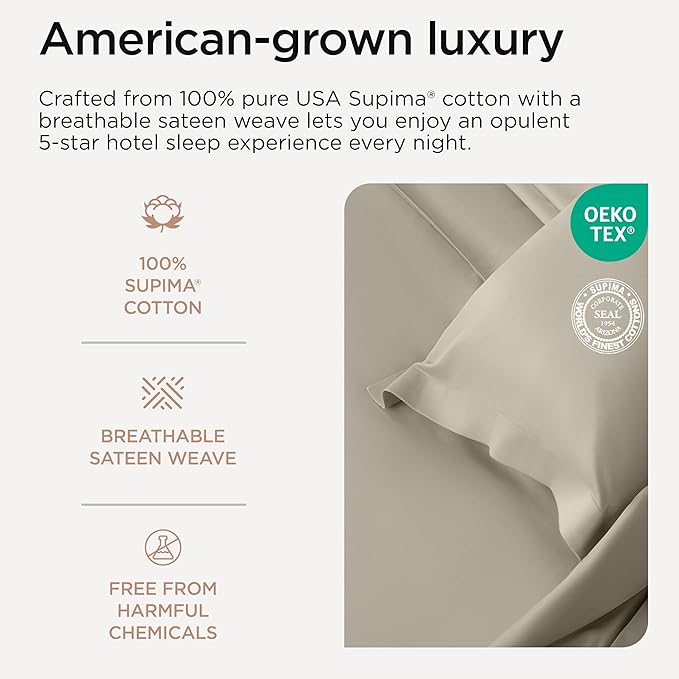 Threadmill Sheets for Twin Mattress | 600 Thread Count Twin Bed Sheets Set with 15” Deep Pocket | Sateen Weave 3-Piece Bedding Set with Cooling Effect | Taupe