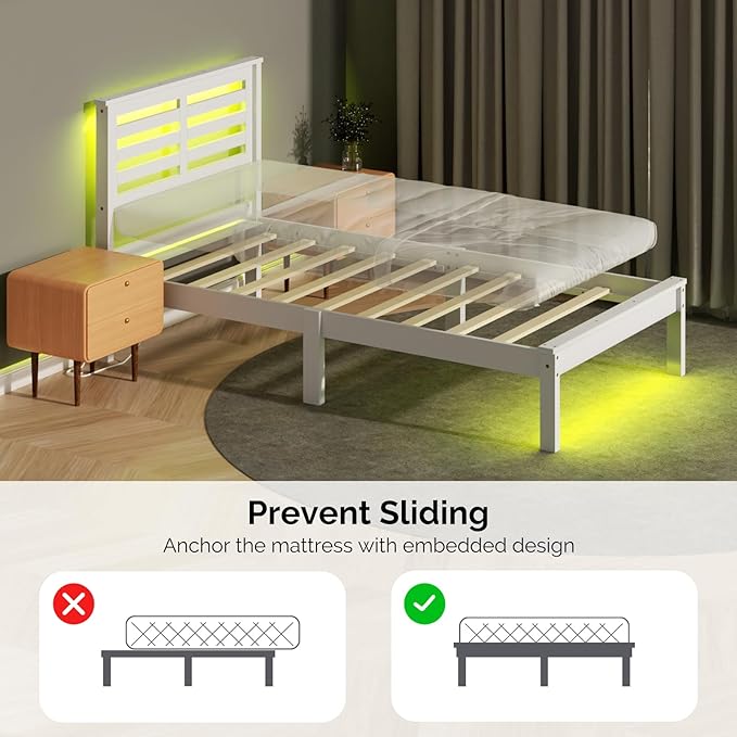 VINGLI Solid Wood Twin Bed Frame with LED Lights & USB Charging Station Single Platform Panel Bed with 40 Inches Tall Headboard for Kids,No Box Spring Needed,White