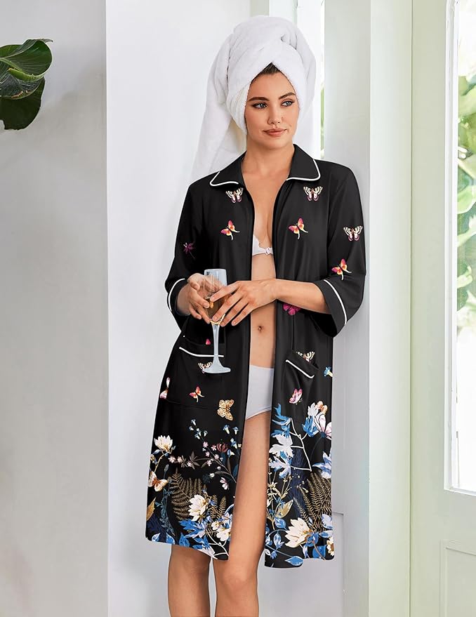 Ekouaer Zipper Robes for Women 3/4 Sleeve Housecoats Knee Length Bathrobe Lightweight Nightgown with Pockets S-3XL