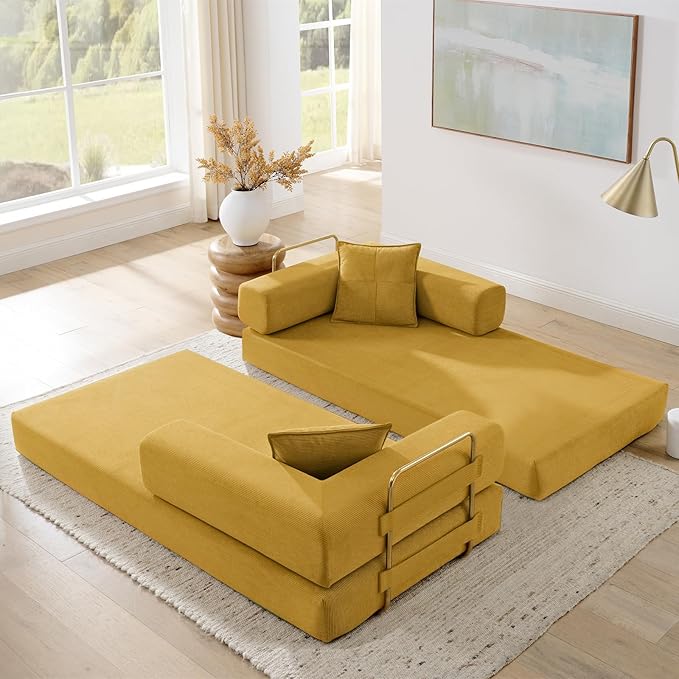 Antetek Convertible Futon Sofa Bed, 3-Seater Modern Corduroy Foam Floor King Size Bed Foldable Sleeper Lounge Loveseat Sofa Couch with 2 Throw Pillows for Living Room Bedroom Guest Room, Yellow