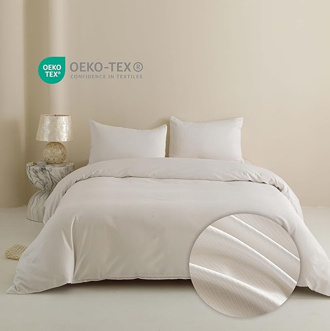 HeimenAogo 100% Cotton Vertical Stripe Jacquard Duvet Cover Queen, Luxury Hotel Collection Textured Weave, Silky Soft Comforter Cover 90x90 Inch, Zipper Closure, White Striped