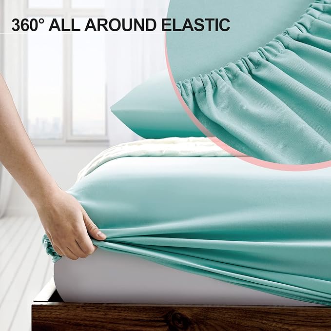 FreshCulture Full Fitted Sheet - Hotel Quality Fitted Sheet - Ultra Soft & Breathable - Brushed Microfiber - Deep Pocket - Cooling Fitted Sheets for Full Size Bed (Spa Blue)