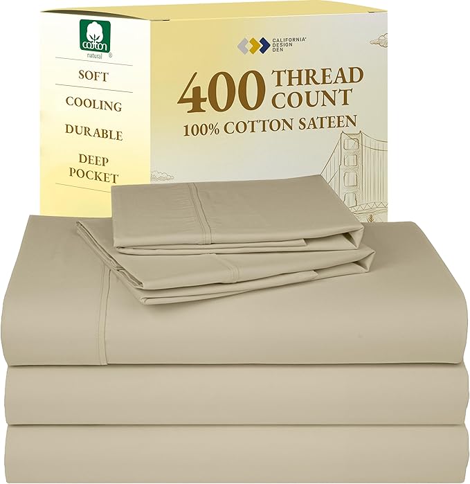 California Design Den Split King Sheets Sets for Adjustable Bed - Soft 400 Thread Count Sateen Natural 100% Cotton Sheets, Deep Pockets, Breathable, & Durable Bedding Set - Beige (Golden Tone)