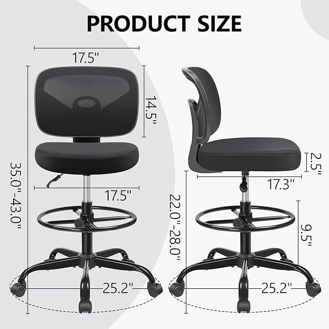 Primy Tall Drafting Desk Chair - Armless, Adjustable Height, Mesh Back, Rolling, Standing Desk Chair for Art Room, Office or Home (Black)