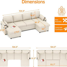 DURASPACE Sofa Bed Pull Out Couch Sleeper with Double Storage Chaise, U Shaped Convertible Sectional Sleeper Sofa for Living Room with USB Charging Ports, Cup Holder (Beige)