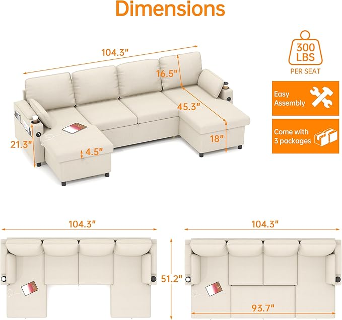 DURASPACE Sofa Bed Pull Out Couch Sleeper with Double Storage Chaise, U Shaped Convertible Sectional Sleeper Sofa for Living Room with USB Charging Ports, Cup Holder (Beige)