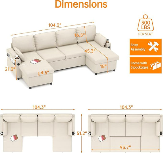 DURASPACE Sofa Bed Pull Out Couch Sleeper with Double Storage Chaise, U Shaped Convertible Sectional Sleeper Sofa for Living Room with USB Charging Ports, Cup Holder (Beige)