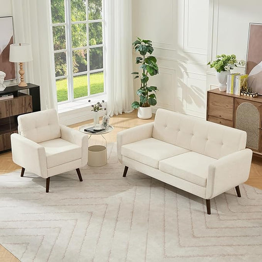 Tbfit Mid Century Modern Sofa Couch, Beige, Loveseat & Accent Chair