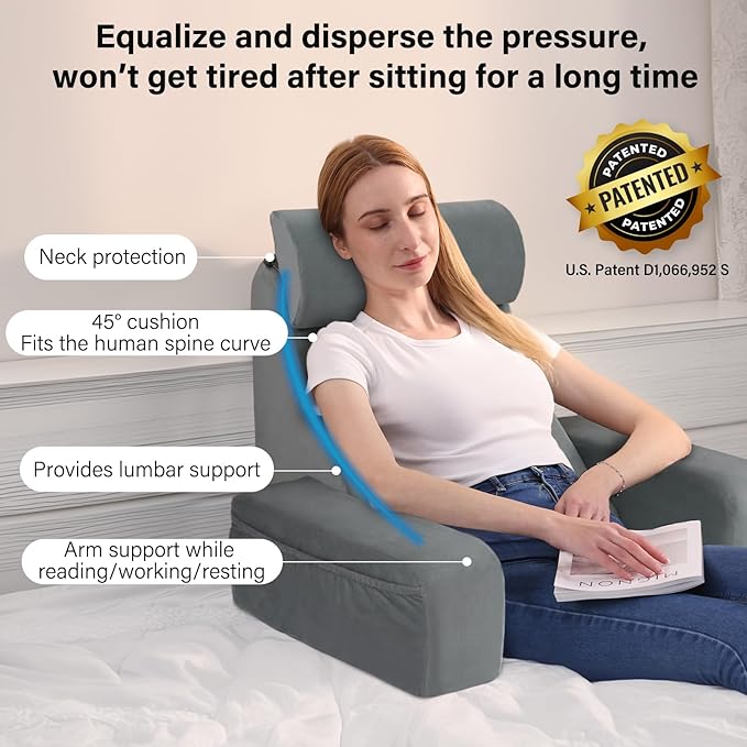ENITYA 19" Back Support Pillow,Reading Pillow with Built-in Arms & Large Pockets, Removable Washable Cover, Wedge for Sitting,Reclining,Watching TV,Post Surgery in Bed,Couch or Floor,Medium Firm,Grey