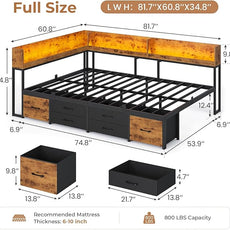 VIAGDO Corner Bed Frame Full with Storage Bookcase and 6 Drawers, Metal Platform Corner Bed Frame with LED Lights and Charging Station, Full Daybed for Kids Teenagers, Rustic Brown & Black