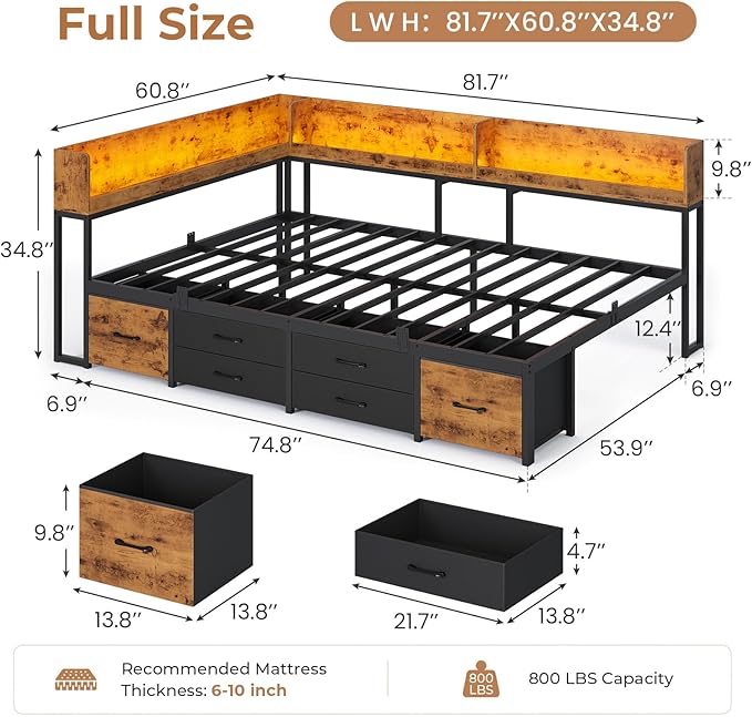 VIAGDO Corner Bed Frame Full with Storage Bookcase and 6 Drawers, Metal Platform Corner Bed Frame with LED Lights and Charging Station, Full Daybed for Kids Teenagers, Rustic Brown & Black