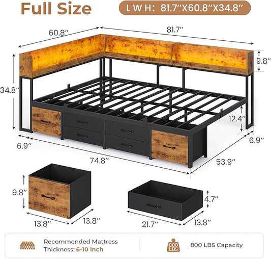VIAGDO Corner Bed Frame Full with Storage Bookcase and 6 Drawers, Metal Platform Corner Bed Frame with LED Lights and Charging Station, Full Daybed for Kids Teenagers, Rustic Brown & Black
