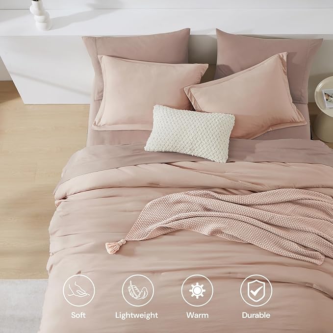 WRENSONGE King Comforter Set, 7 Pieces Clay Pink Soft Bed in a Bag King with Fitted Sheet, Flat Sheet, 2 Pillow Shams, and 2 Pillowcases- Warm Bedding Set for All Season