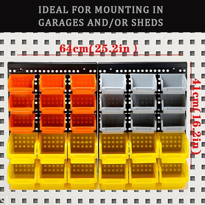 30-Bin Wall Mounted Storage Bins Kit, Tool Organizer Rack, 3 Color Parts Storage Bins, Garage Hardware Organizer, DIY Combination