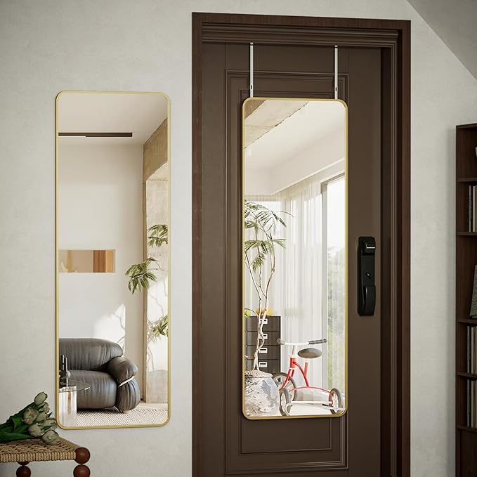 BEAUTYPEAK 14"x48" Full Length Over The Door Mirror, Aluminum Alloy Frame Full Body Mirror with Height-Adjustable Hangers, Hanging Mirrors for Bedroom, Living Room, Bathroom, Gold