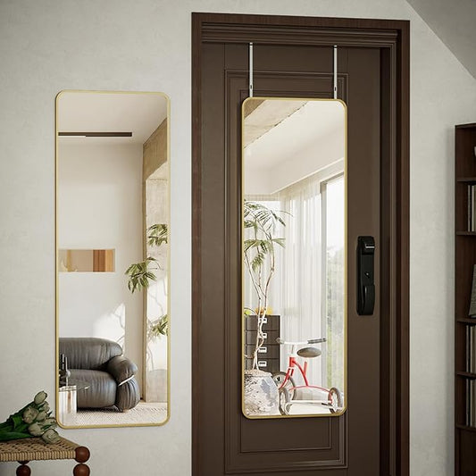 BEAUTYPEAK 14"x48" Full Length Over The Door Mirror, Aluminum Alloy Frame Full Body Mirror with Height-Adjustable Hangers, Hanging Mirrors for Bedroom, Living Room, Bathroom, Gold