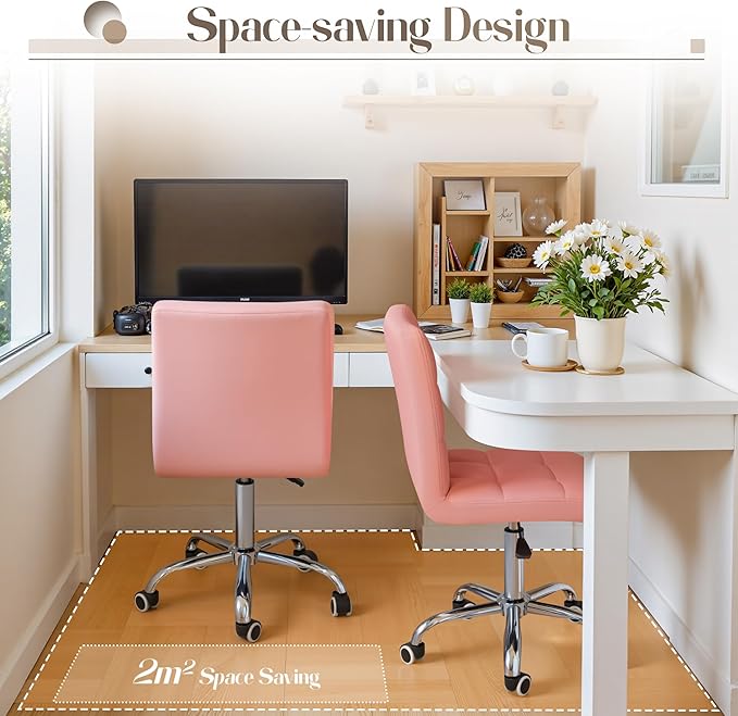 Furmax Mid-Back Office Task Chair Ribbed PU Leather Executive Chair Modern Adjustable Home Desk Chair Retro Comfortable Work Chair 360 Degree Swivel with Arms (Pink)