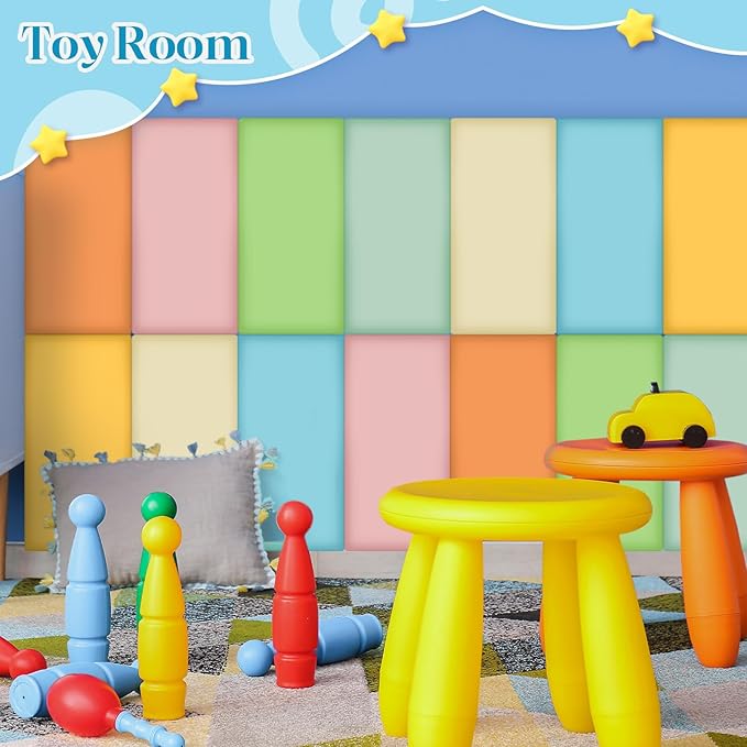 8 Pack Wall Padding for Playroom Peel and Stick Headboard 15.75" x 7.87" x 1.18" 3D Anti Collision Upholstered Wall Panels Self Adhesive Headboard Panel for Protection (Fresh Colors)