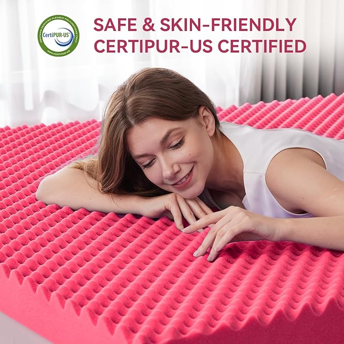SINWEEK 3 Inch Egg Crate Memory Foam Mattress Topper King Size, Soft Mattress Pad for Back Pain Relief, Bed Topper, CertiPUR-US Certified, Pink