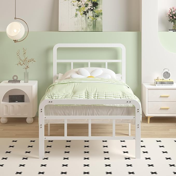 14 Inch Twin Bed Frames with Headboard and Footboard, Heavy Duty Twin Bed Frame with Underneath Storage, No Box Spring Needed, Easy Assembly, White