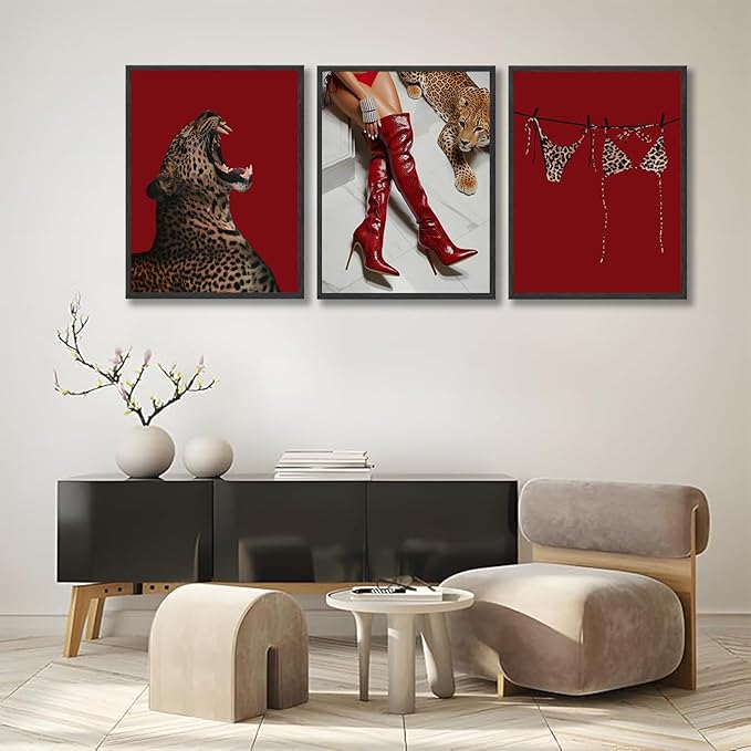 XLYFVLGF 3Pcs Red Fashion Leopard Wall Art Cheetah Wall Decor Pictures Stylish long boots print Bikini Painting Artwork for Living Room Bedroom Bathroom Corridor Home Decoration 12x16in Poster