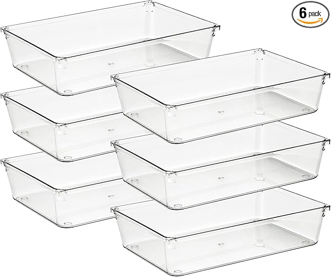 Ravinte 6 Pack Drawer Organizer - 6" X 9" Plastic Storage Bins, Acrylic Organizers with Non-Slip Pads Clear Desk Storage Tray for Makeup, Jewelries, Kitchen Utensils, Bathroom and Office