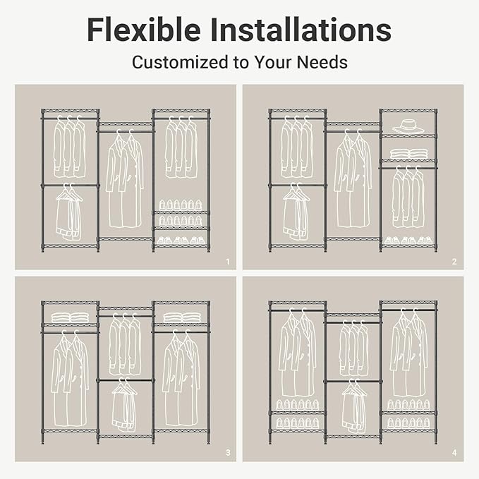 VIPEK V5 Medium Portable Closet Wardrobe Heavy Duty Clothes Rack, Freestanding Closet Metal Clothing Rack with 4 Hang Rods & 8 Shelves, Adjustable Custom Closet Rack, 56.7" Lx15.7 Wx76.4 H, Black