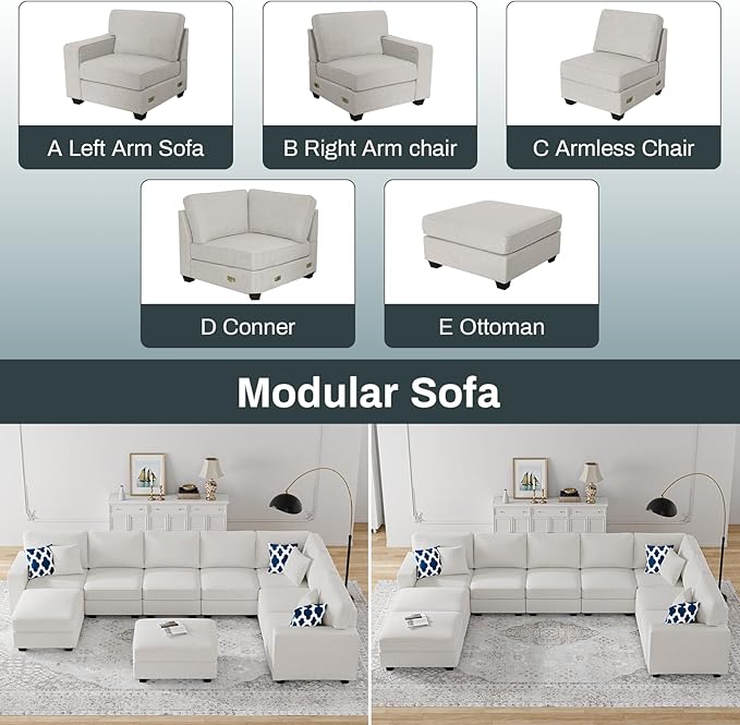 Legend Vansen Modular Sectional Sofa U Shaped Couch with Ottoman Modern Reversible Corner Sectional Couch for Living Room (Cream, U Shaped Sofa-5)